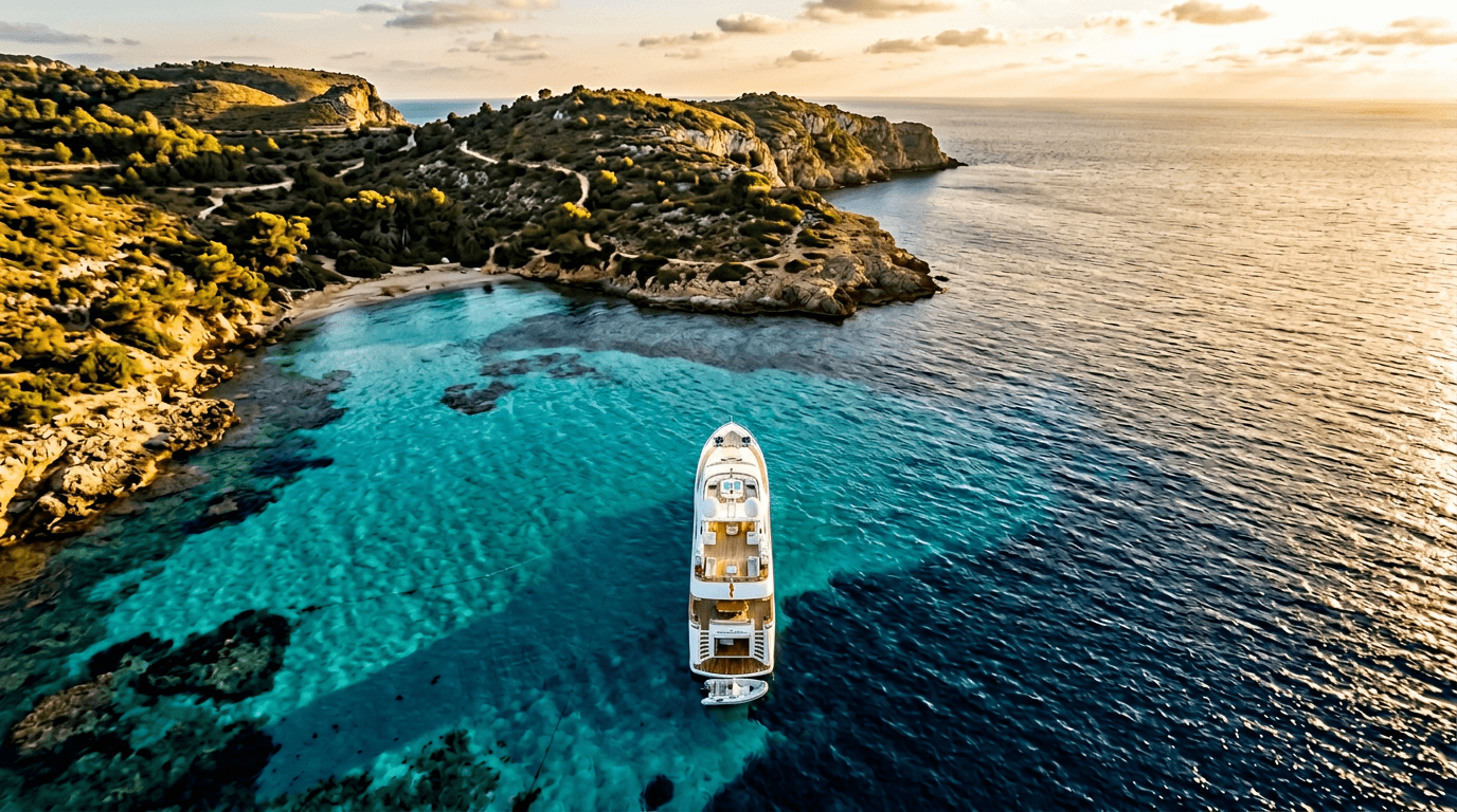 Aerial view of luxury yacht in turquoise bay