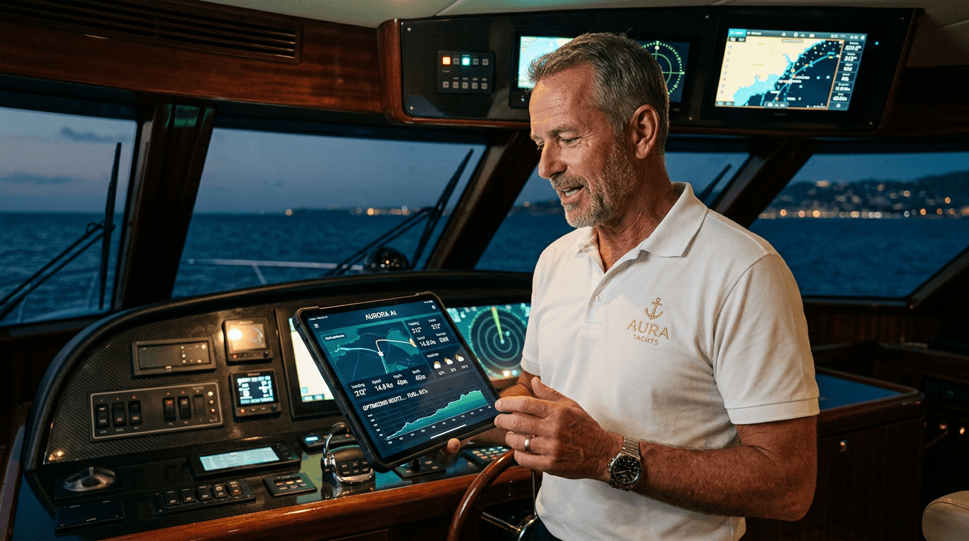 Captain using AI tablet on yacht bridge