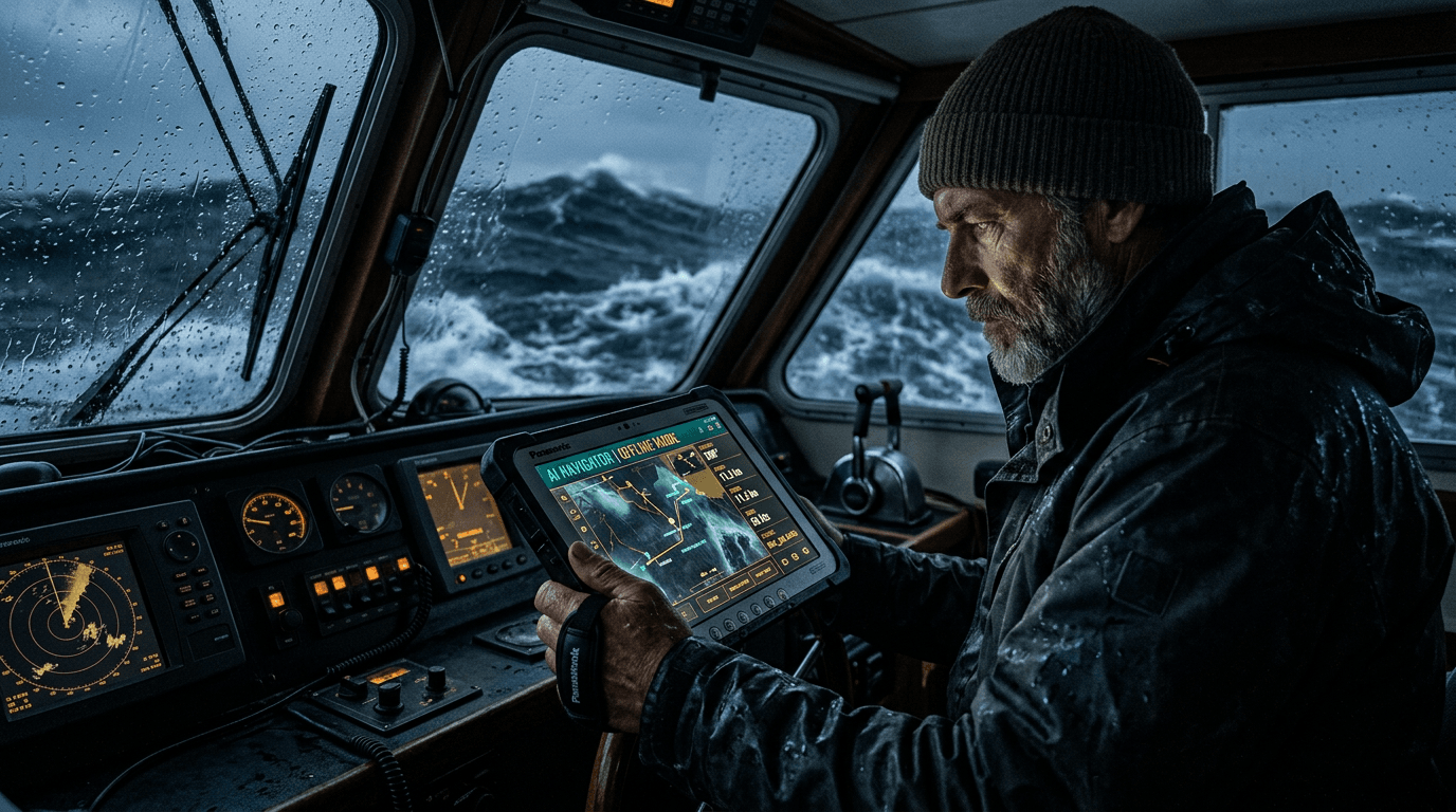 Captain using AI during rough weather at sea