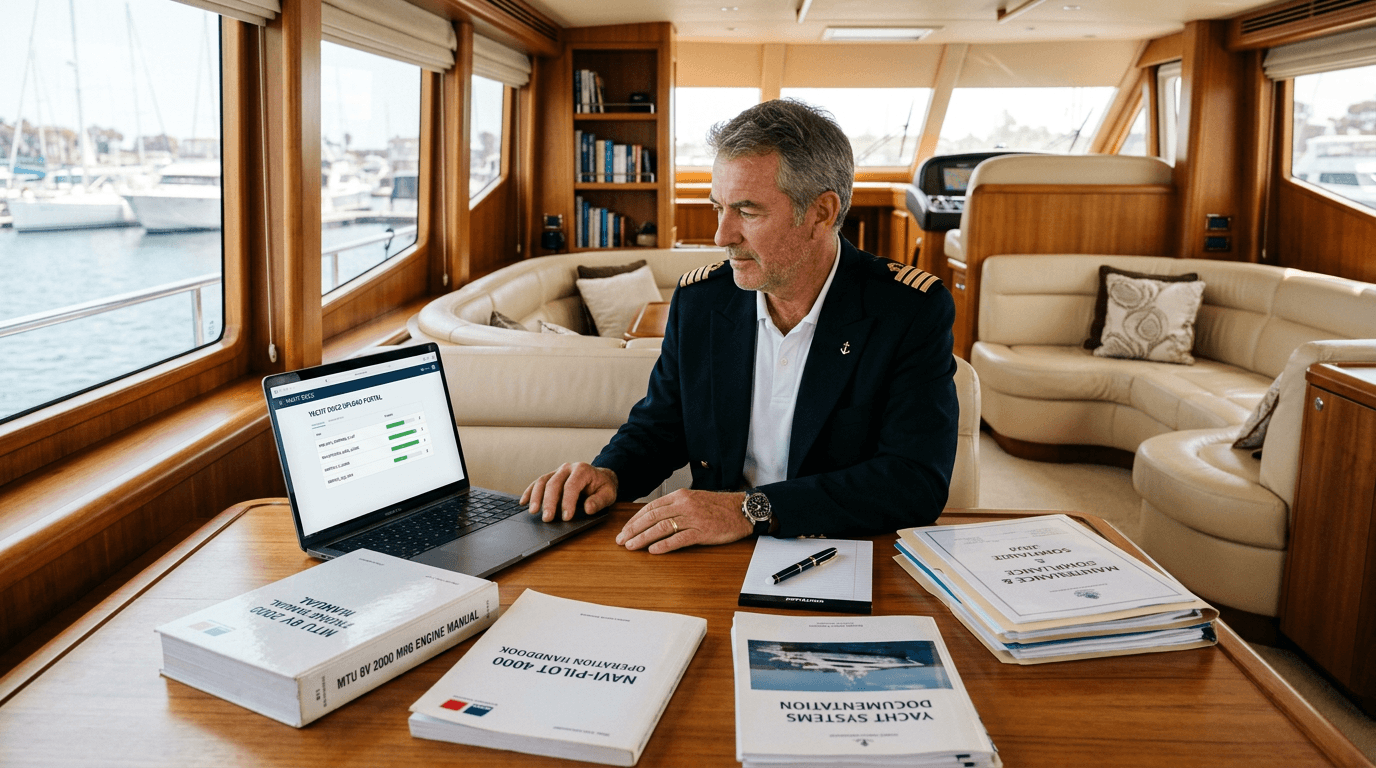 Captain uploading vessel documents in yacht salon