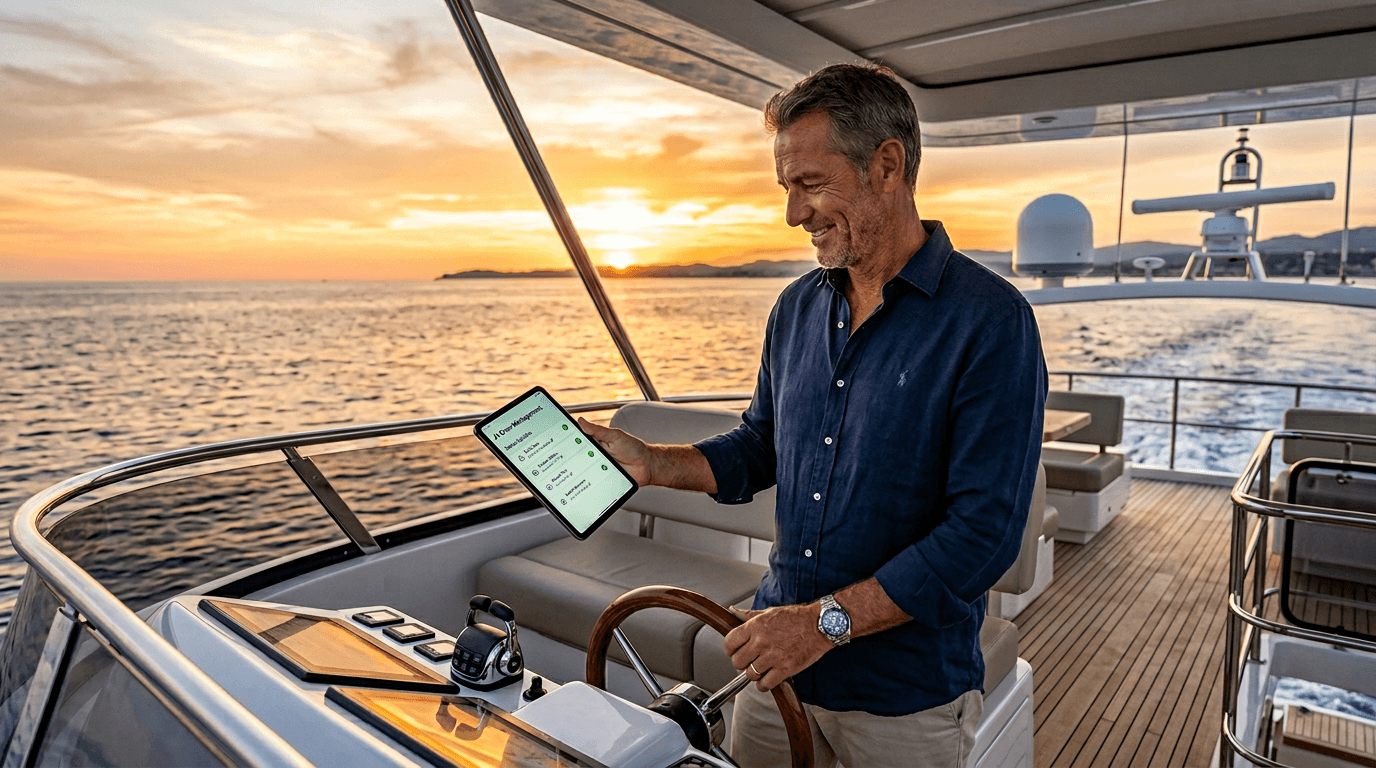 Captain relaxed on flybridge with AI tablet at sunset
