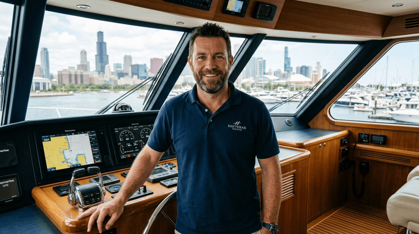 Captain Matt on the bridge of M/V Rocko, Hatteras 63